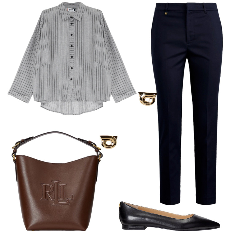 Outfit donna - Classica al lavoro. Stile Casual per Ufficio. Abbinamento con camicie, pantaloni, ballerine, borse a secchiello, orecchini.