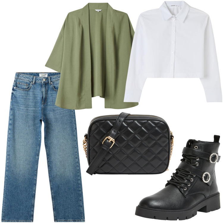 Outfit donna - Outfit autunnale. Stile Casual chic per Tutti i giorni. Abbinamento con anfibi, borse a tracolla, kimono, jeans dritti, camicie.