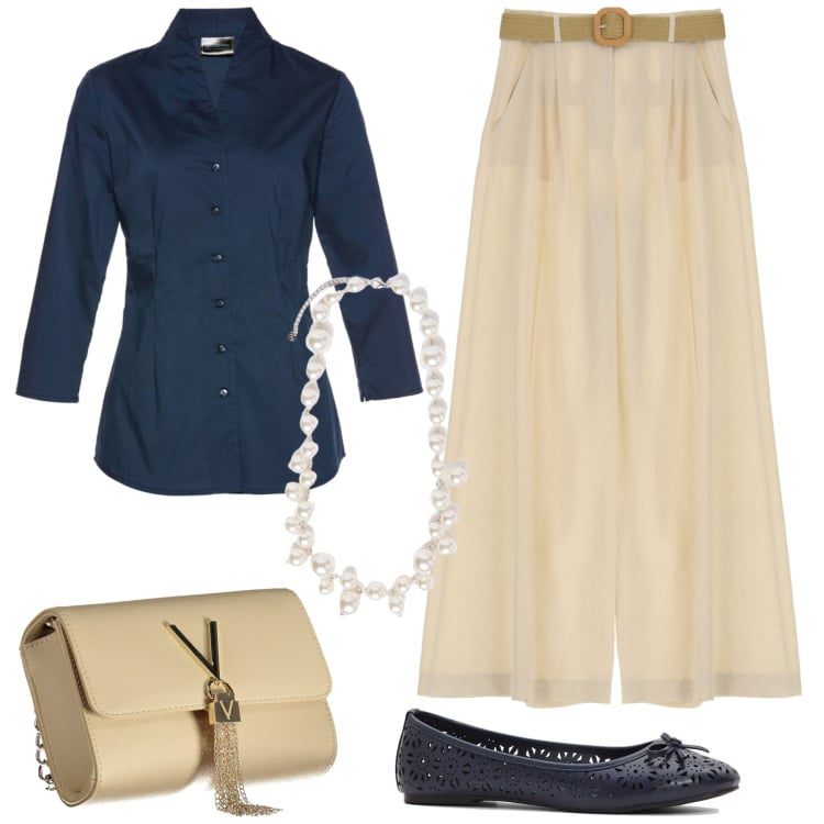 Outfit donna - Lunedì in ufficio. Stile Basic per Ufficio. Abbinamento con camicie, ballerine, pantaloni a palazzo, borse a tracolla, collane.