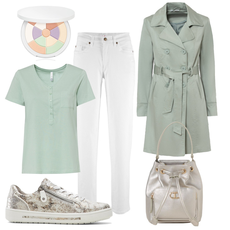 Outfit donna - Trench pastello e secchiello argento. Stile Casual per Tutti i giorni. Abbinamento con trench, t-shirt, jeans mom, sneakers, ciprie, borse a secchiello.