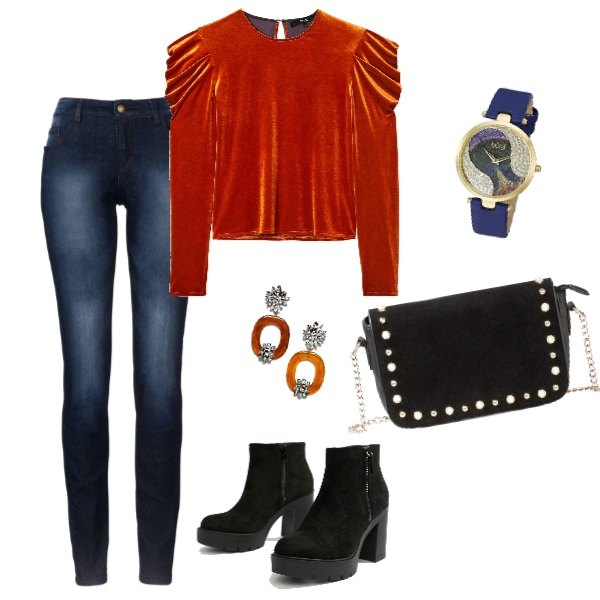 Outfit donna - Halloween con stile. Stile Trendy per Serata fuori. Abbinamento con jeans skinny, borsa a tracolla con perle e borchie nero, stivaletti con tacco largo, maglia con scollo a maniche lunghe in velluto arancione, orecchini farfalla in denim oro, orologio analogico con cinturino blu.