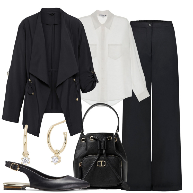 Outfit donna - Settembre in ufficio. Stile Bon Ton per Ufficio. Abbinamento con ballerine, blazer, orecchini, camicie, pantaloni, borse a secchiello.
