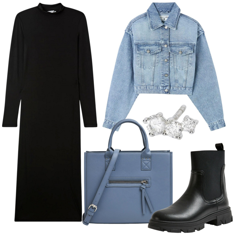 Outfit donna - Abito nero e giacca in jeans. Stile Basic per Scuola/Università. Abbinamento con orecchini, vestiti lunghi, blazer, shopping bag, stivaletti chelsea.