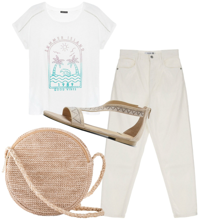 Outfit donna - White. Stile Casual chic per Tutti i giorni. Abbinamento con borse a tracolla, sandali, pantaloni, t-shirt.