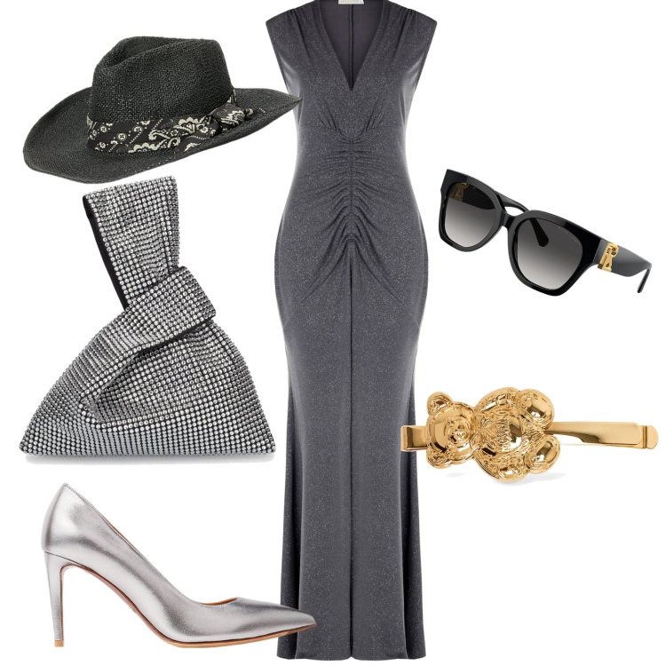 Outfit donna - Total look #1950065. Stile Chic per Serata fuori. Abbinamento con vestiti lunghi, occhiali da sole, décolleté, cappelli, borse a mano, accessori per capelli.