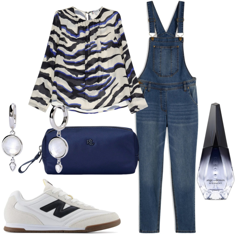 Outfit donna - Total look #1950069. Stile Casual per Tutti i giorni. Abbinamento con salopette, profumi, orecchini, sneakers, camicie, pochette.
