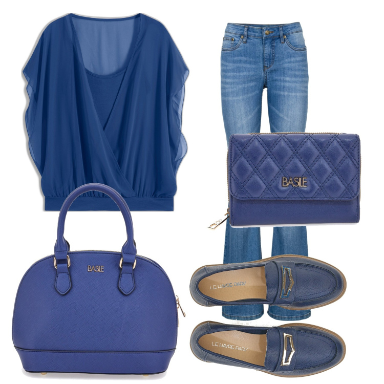 Outfit donna - Settembre non ti temo. Stile Casual chic per Ufficio. Abbinamento con jeans bootcut, bluse, portafogli, mocassini, borse a mano.