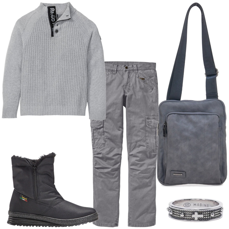 Outfit uomo - Grigio e grigio. Stile Casual per Tutti i giorni. Abbinamento con pantaloni cargo, stivali e stivaletti, maglieria, anelli, portafogli.
