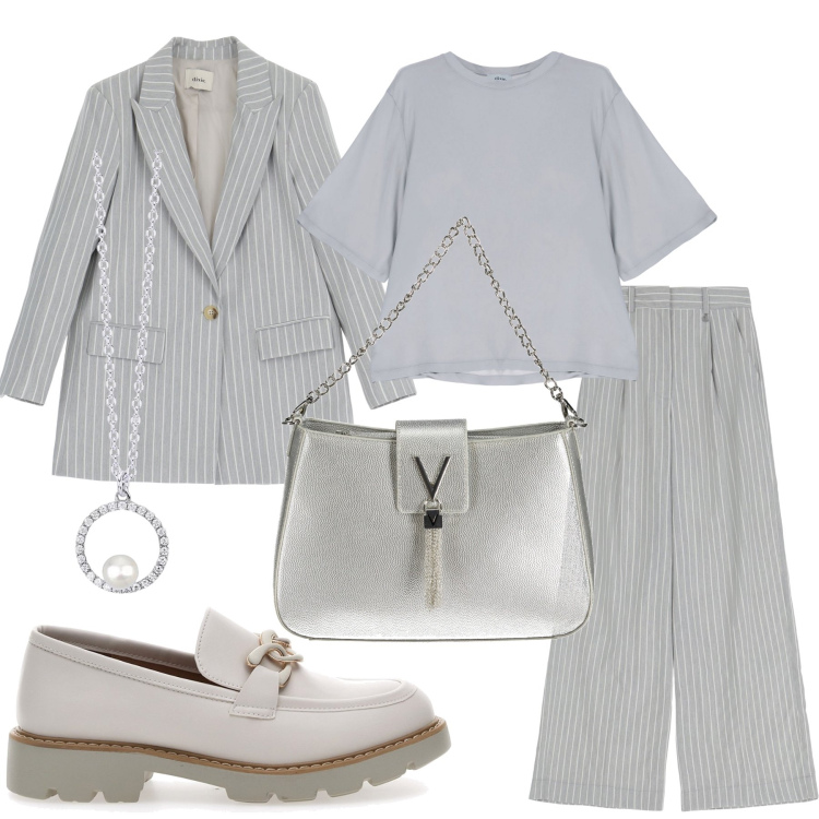 Outfit donna - Rientro con stile. Stile Glamour per Ufficio. Abbinamento con collane, pantaloni, t-shirt, blazer, mocassini, borse a spalla.