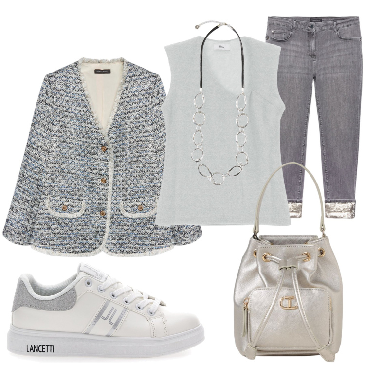 Outfit donna - Total look #1950088. Stile Casual chic per Ufficio. Abbinamento con top, sneakers, jeans skinny, blazer, borse a secchiello, collane.