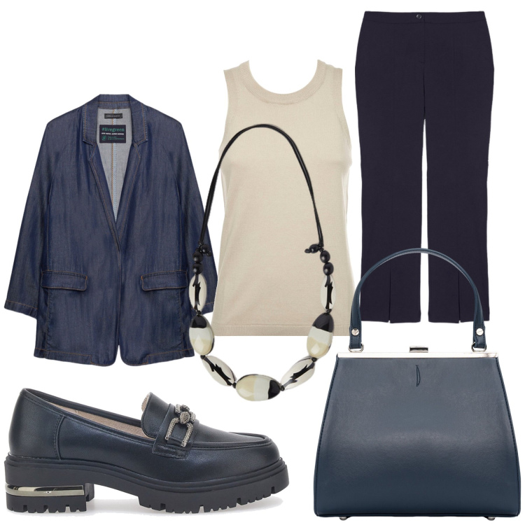 Outfit donna - Total look #1950126. Stile Bon Ton per Ufficio. Abbinamento con clutch, mocassini, pantaloni, blazer, collane, top.