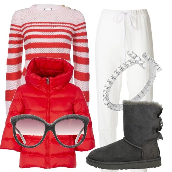 Outfit donna - Urban #8693. Stile Urban per Tutti i giorni. Abbinamento con stivaletti grigio, piumino rosso, anello, maglione a righe a rete girocollo, occhiali da sole.