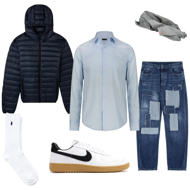 Outfit uomo - Il jeans baggy patchwork. Stile Casual per Tutti i giorni. Abbinamento con giacche, jeans, calzini, sneakers, sciarpe, camicie.
