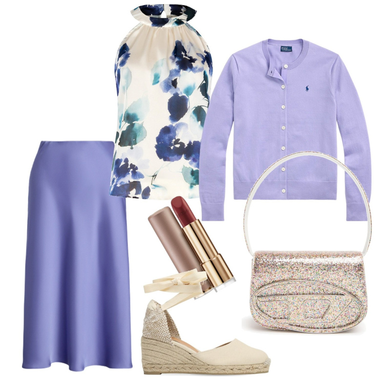 Outfit donna - Viola per un pranzo in famiglia. Stile Glamour per Tutti i giorni. Abbinamento con rossetti, top, cardigans, gonne, espadrillas, borse a spalla.