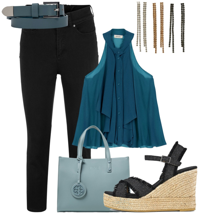 Outfit donna - Total look #1950148. Stile Casual per Tutti i giorni. Abbinamento con jeans, orecchini, top, borse tote, cinture, sandali.
