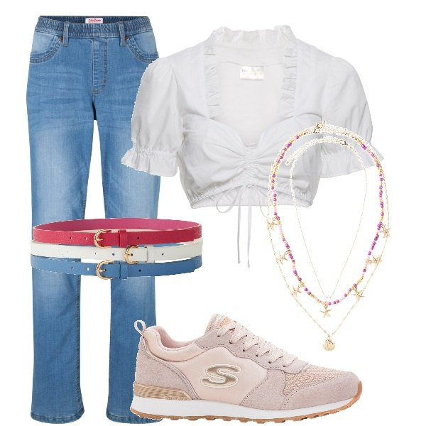Outfit donna - denim style. Stile Casual chic per Tutti i giorni. Abbinamento con sneakers, camicie, jeans dritti, ciondoli, cinture.