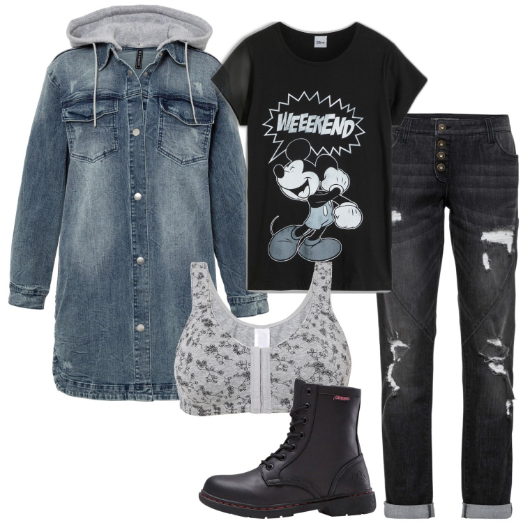 Outfit donna - Total look #1950188. Stile Casual per Tutti i giorni. Abbinamento con blazer, t-shirt, jeans boyfriend, stivaletti, reggiseni.
