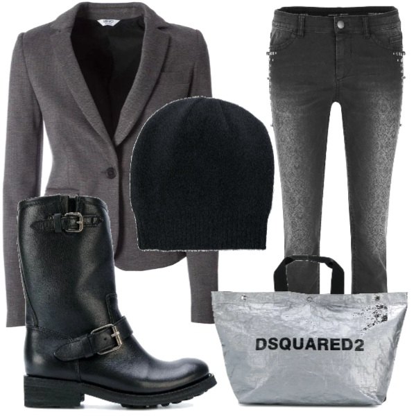 Outfit donna - Rock #3657. Stile Rock per Scuola/Università. Abbinamento con stivali nero, giacca con ruches collo a dolcevita grigio e fucsia, jeans skinny sport nero.