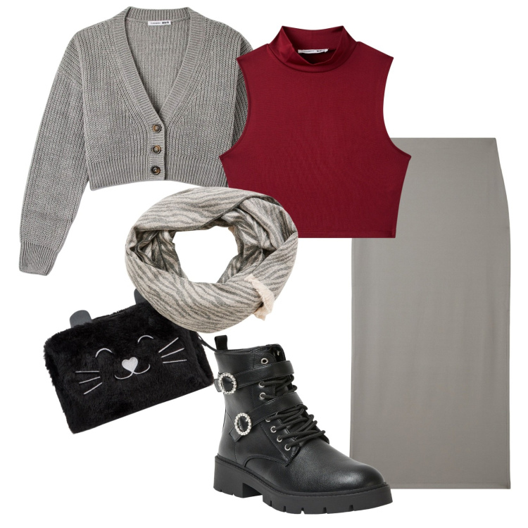 Outfit donna - Autunno. Stile Casual per Tutti i giorni. look ideale per Tall. Abbinamento con anfibi, gonne lunghe, top, cardigans, sciarpe, valigie.