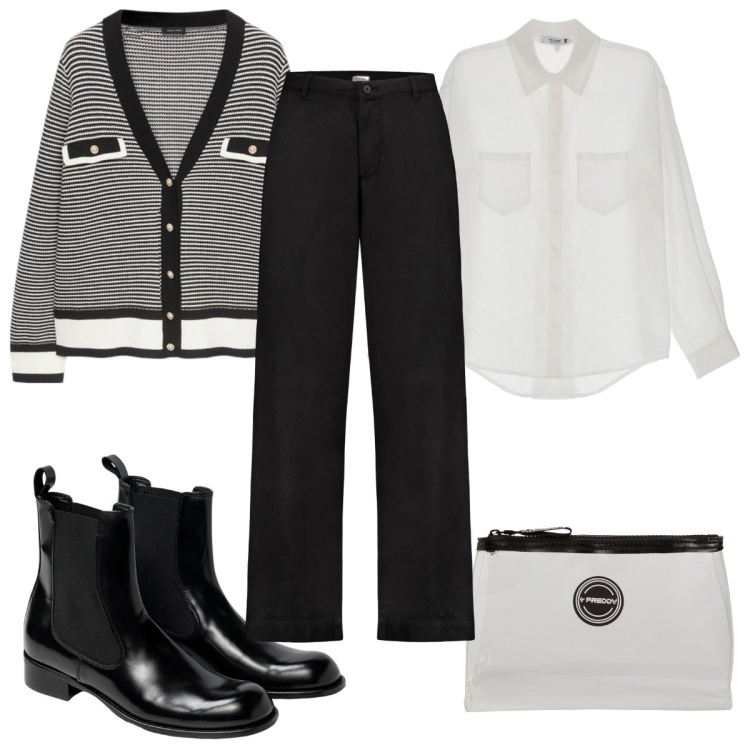Outfit donna - Autunno in bianco e nero. Stile Trendy per Tutti i giorni. Abbinamento con camicie, valigie, pantaloni, cardigans, stivaletti chelsea.