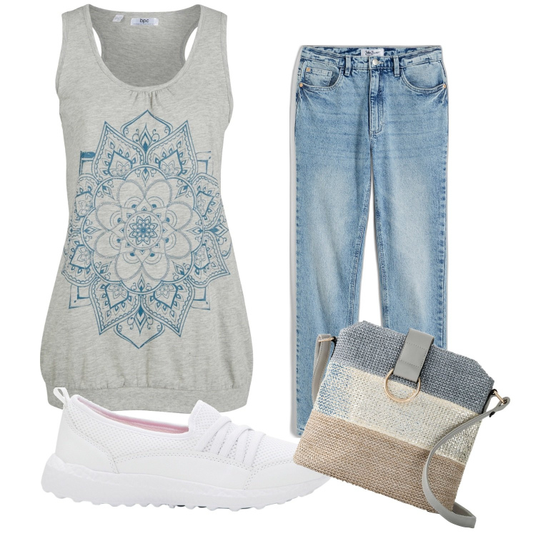 Outfit donna - Benvenuto settembre!. Stile Casual per Scuola/Università. Abbinamento con canottiere, sneakers, jeans dritti, borse a tracolla.