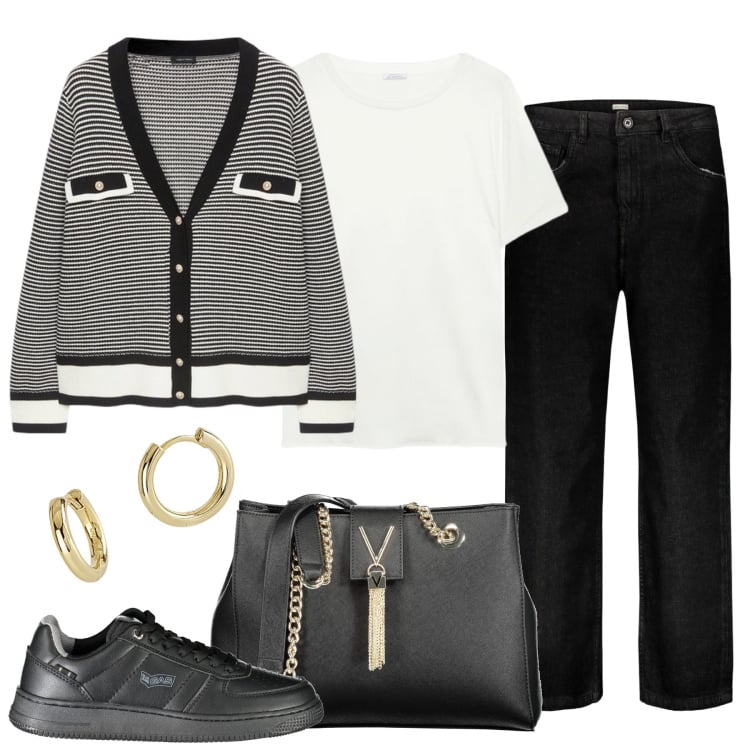 Outfit donna - Back to work. Stile Casual chic per Ufficio. Abbinamento con cardigans, t-shirt, orecchini, jeans, sneakers, borse a spalla.