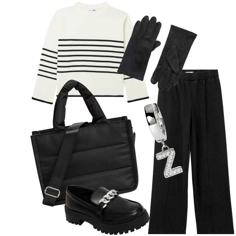 Outfit donna - Total look #1950225. Stile Casual per Scuola/Università. Abbinamento con shopping bag, mocassini, guanti, pantaloni, maglieria, orecchini.