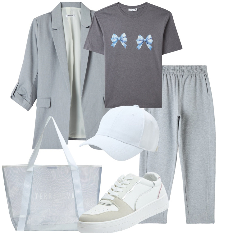 Outfit donna - Total look #1950234. Stile Casual per Tutti i giorni. Abbinamento con cappelli, pantaloni, blazer, t-shirt, sneakers, shopping bag.
