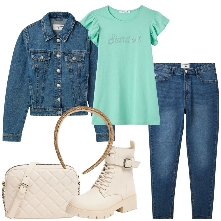 Outfit donna - Total look #1950255. Stile Casual per Tutti i giorni. Abbinamento con blazer, cerchietti, t-shirt, anfibi, jeans skinny, borse a tracolla.