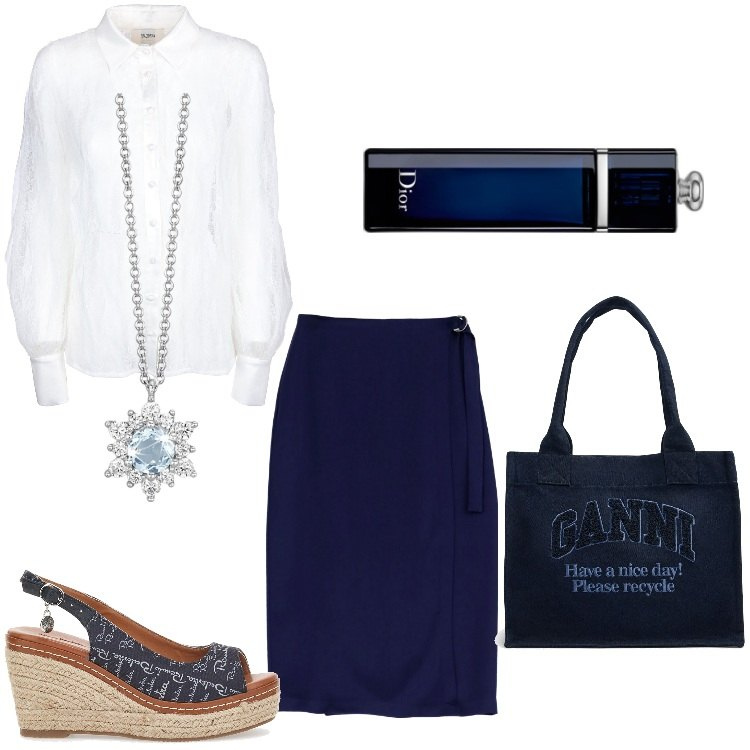 Outfit donna - Buona giornata. Stile Chic per Ufficio. Abbinamento con profumi, collane, camicie, gonne longuette, espadrillas, shopping bag.