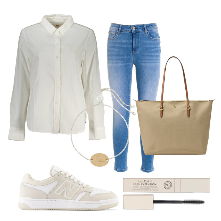 Outfit donna - Una camicia per settembre. Stile Casual per Tutti i giorni. Abbinamento con mascara, sneakers, jeans skinny, borse tote, braccialetti con ciondoli, camicie.