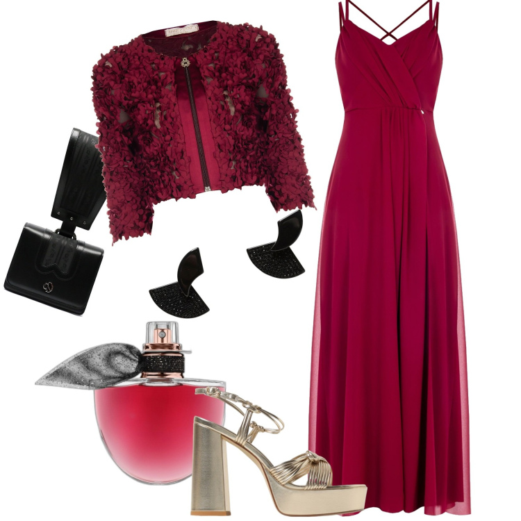 Outfit donna - Total look #1950298. Stile Glamour per Cerimonia. look ideale per Tall. Abbinamento con profumi, vestiti lunghi, blazer, orecchini, borse a mano, sandali in pelle.