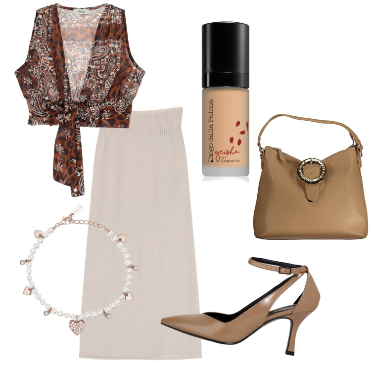 Outfit donna - La gonna a vita alta. Stile Trendy per Serata fuori. Abbinamento con fondotinta, braccialetti, gonne longuette, décolleté, top, borse a spalla.