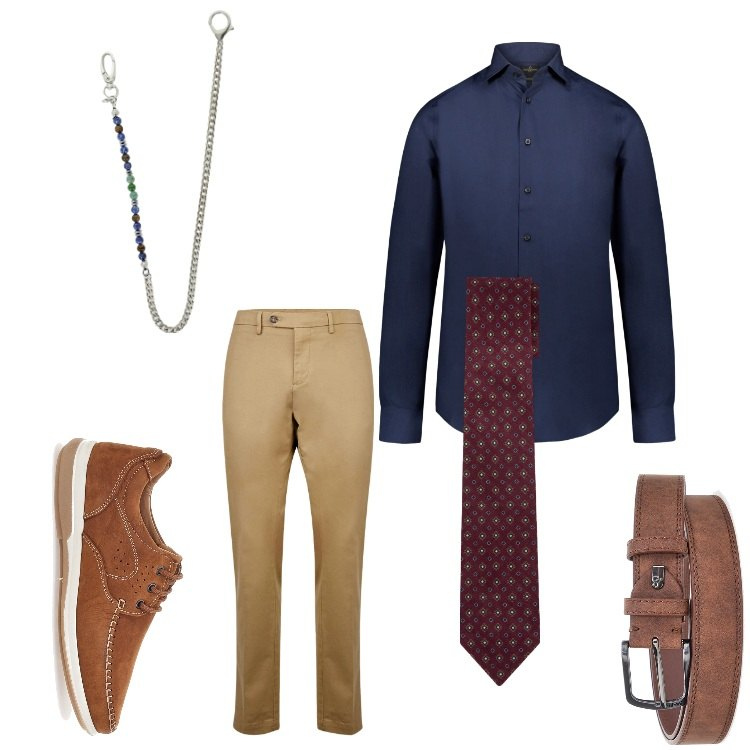 Outfit uomo - Il primo giorno. Stile Business/Elegante per Ufficio. Abbinamento con collane, pantaloni chino, camicie, cravatte, cinture, scarpe stringate.