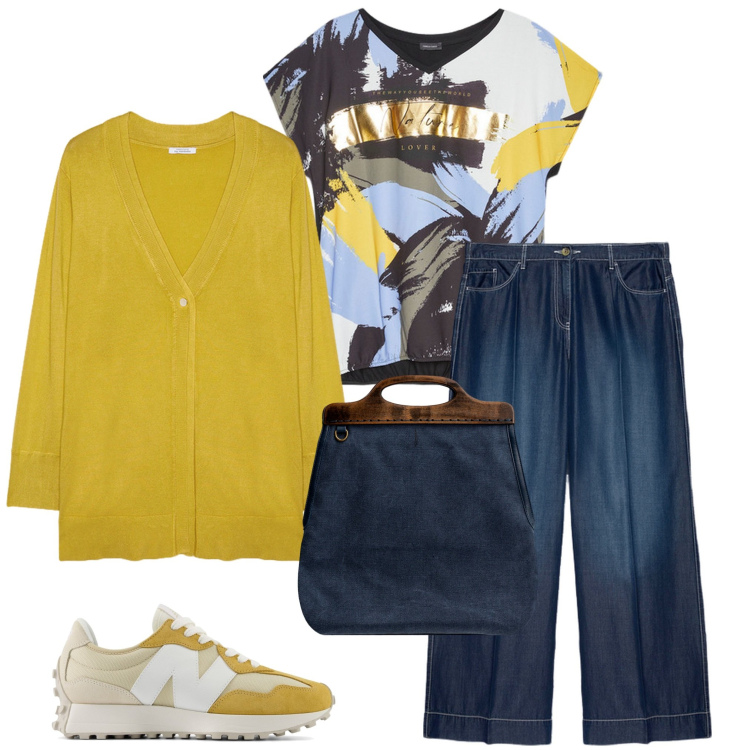 Outfit donna - Color senape. Stile Urban per Tutti i giorni. Abbinamento con sneakers, pantaloni, t-shirt, borse a tracolla, cardigans.