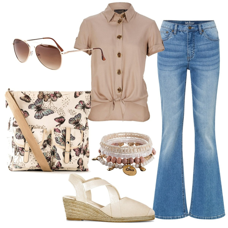 Outfit donna - Il jeans del rientro. Stile Casual per Tutti i giorni. Abbinamento con jeans a zampa, braccialetti, occhiali da sole, camicie, sandali, borse a tracolla.