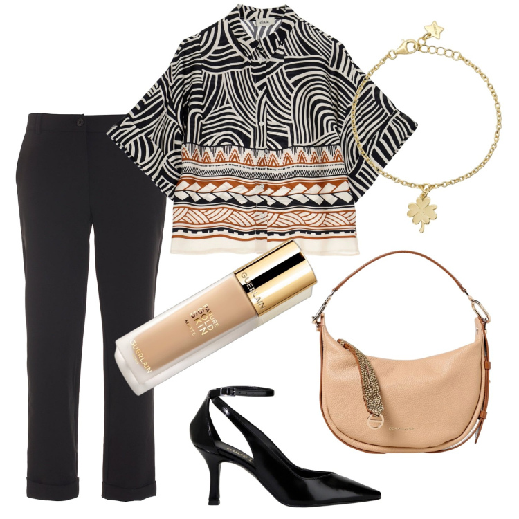 Outfit donna - Settembrina. Stile Casual chic per Tutti i giorni. Abbinamento con fondotinta, braccialetti con ciondoli, pantaloni, camicie, décolleté, borse a spalla.