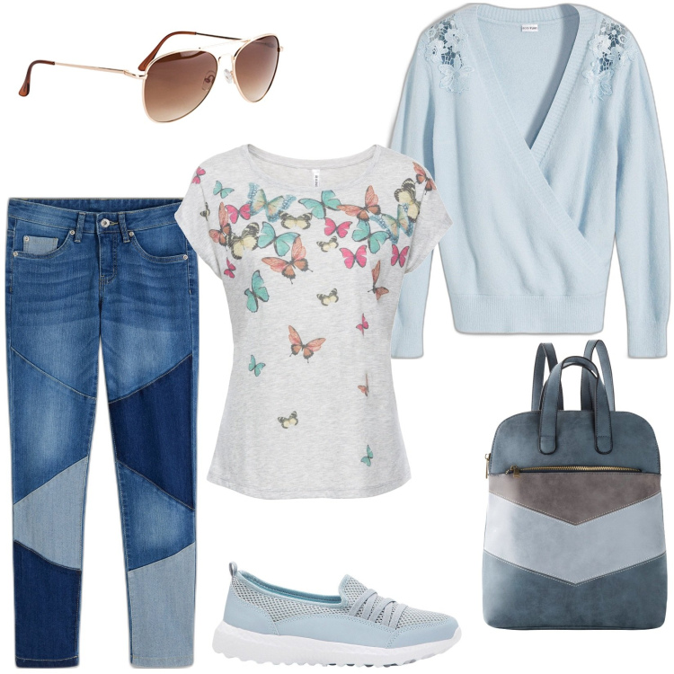 Outfit donna - Jeans patchwork. Stile Casual per Tutti i giorni. Abbinamento con maglieria, sneakers, occhiali da sole, maglieria, zaini, jeans skinny.