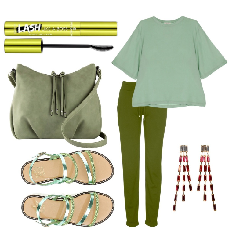 Outfit donna - Total look settembrino. Stile Casual chic per Tutti i giorni. Abbinamento con pantaloni, orecchini, borse a tracolla, mascara, t-shirt, sandali.