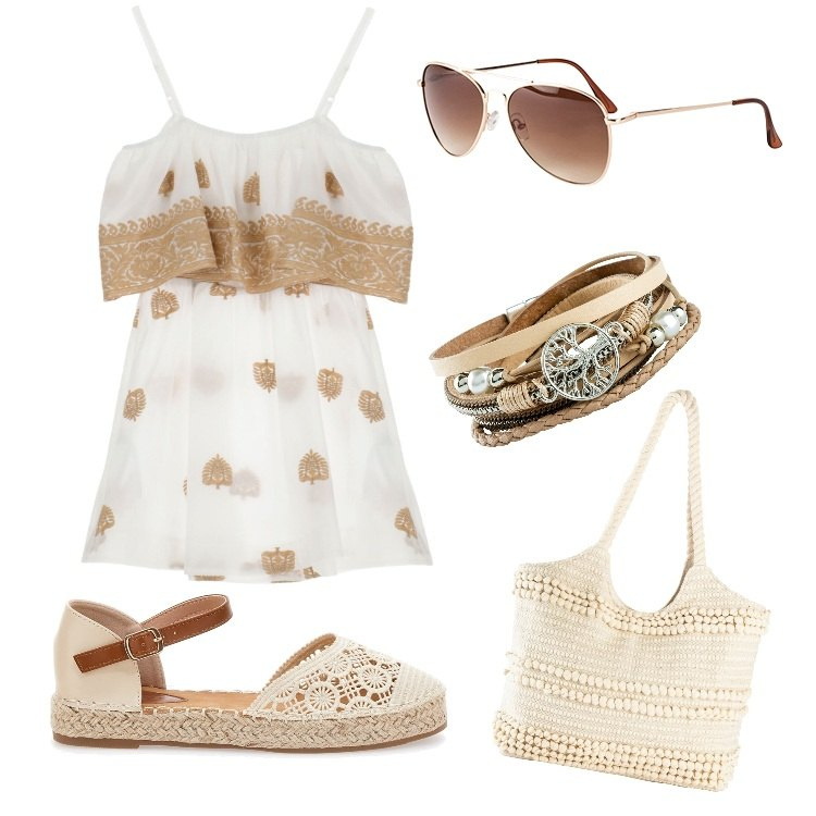 Outfit donna - Gelato con Te. Stile Basic per Tutti i giorni. Abbinamento con braccialetti, occhiali da sole, shopping bag, vestiti corti, espadrillas.