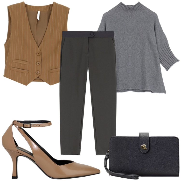 Outfit donna - IMPERIAL - gilet in ufficio. Stile Trendy per Ufficio. Abbinamento con maglieria, pantaloni, gilet, décolleté, pochette.