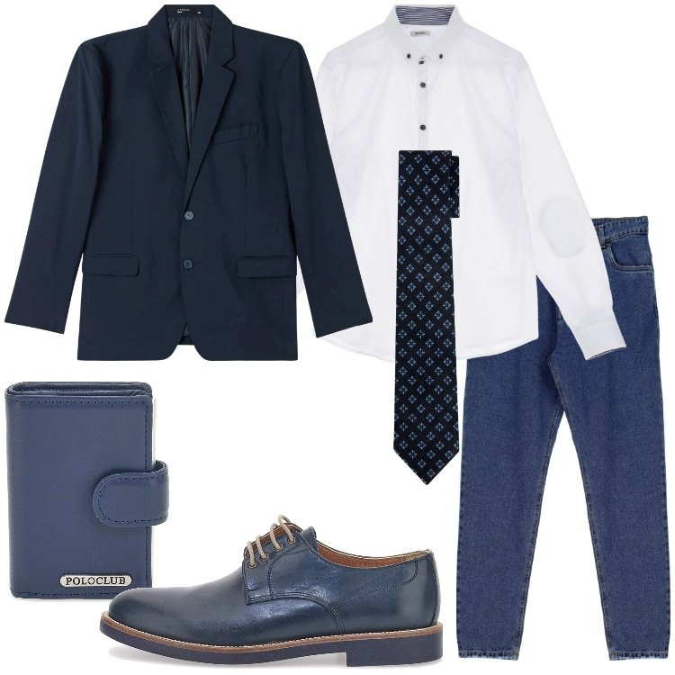 Outfit uomo - Le stringate con i jeans. Stile Business/Elegante per Ufficio. Abbinamento con giacche, jeans slim fit, camicie, cravatte, scarpe stringate, portafogli.