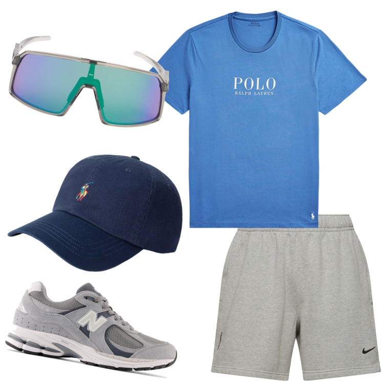 Outfit uomo - Occhiali super trendy. Stile Casual per Sport. Abbinamento con sneakers, t-shirt, cappelli, occhiali da sole, shorts.