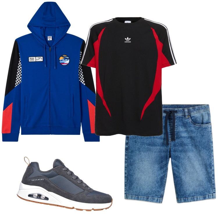 Outfit uomo - Total look #1950455. Stile Casual per Tutti i giorni. Abbinamento con bermuda, felpe con cappuccio, t-shirt, sneakers.