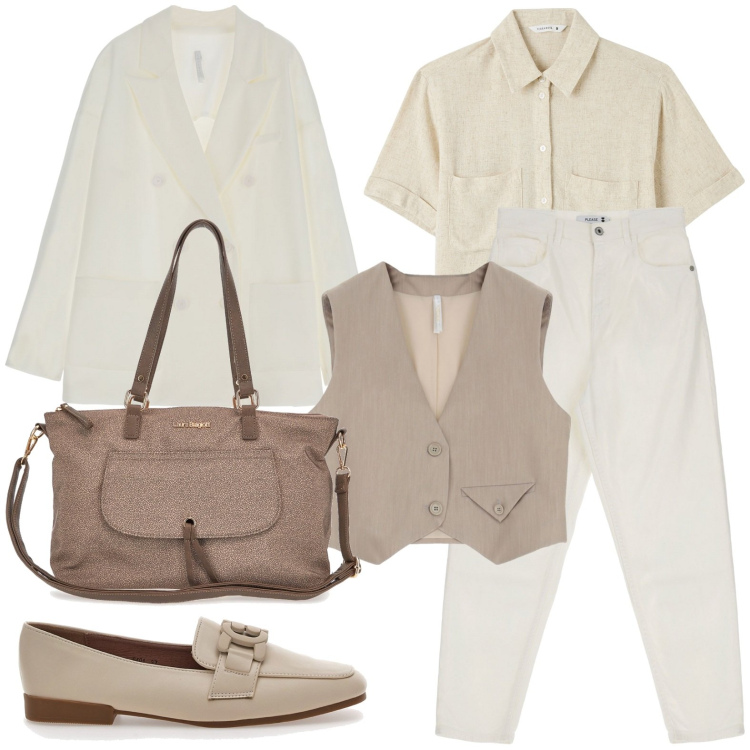 Outfit donna - Business woman - colori chiari. Stile Chic per Ufficio. Abbinamento con camicie a manica corta, pantaloni, blazer, gilet, mocassini, borse a spalla.