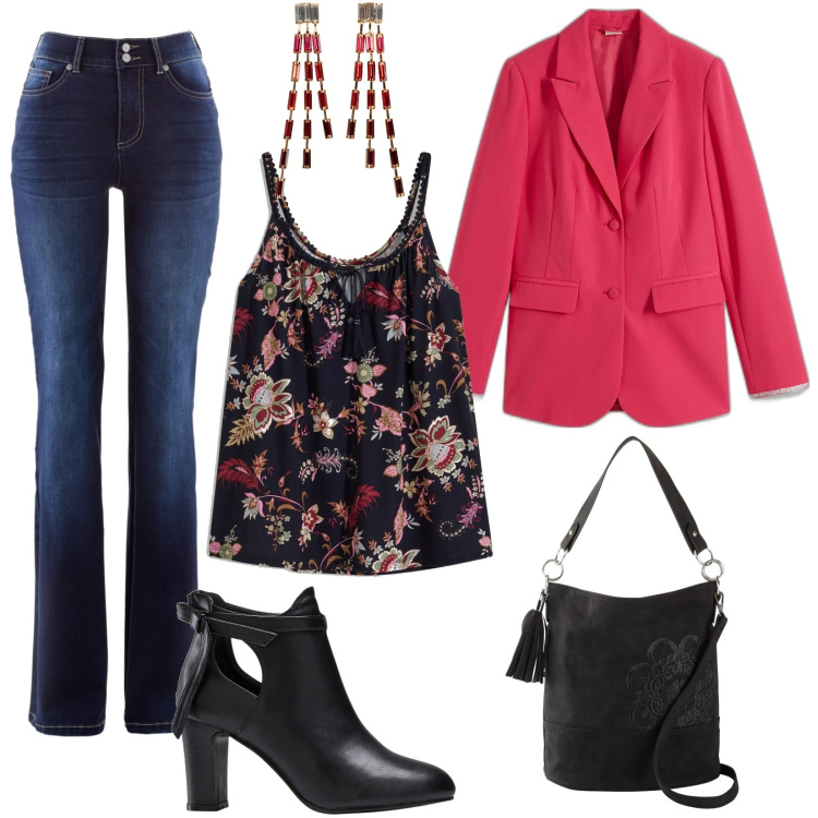 Outfit donna - Elegante in jeans. Stile Casual chic per Tutti i giorni. Abbinamento con jeans bootcut, top, borse a mano, orecchini, blazer, stivaletti.