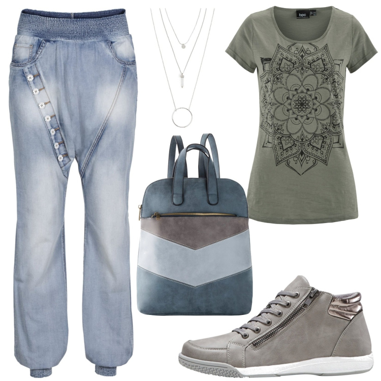 Outfit donna - Total look #1950480. Stile Urban per Tutti i giorni. Abbinamento con sneakers alte, t-shirt, ciondoli, jeans, zaini.