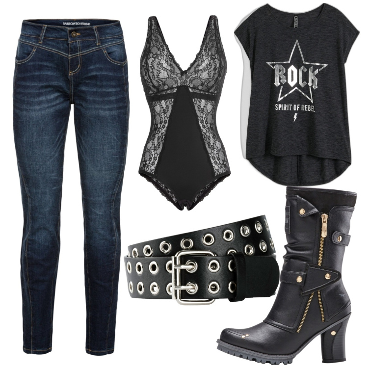 Outfit donna - Total look #1950482. Stile Rock per Tutti i giorni. Abbinamento con body, jeans boyfriend, cinture, t-shirt, stivali.