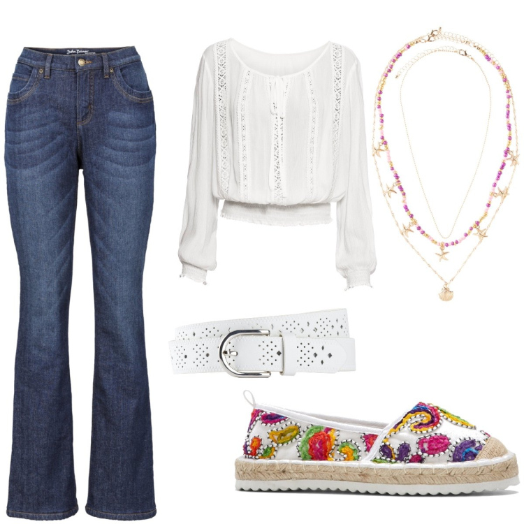 Outfit donna - Hippie chic. Stile 70s per Tutti i giorni. Abbinamento con jeans bootcut, espadrillas, cinture, bluse, ciondoli.