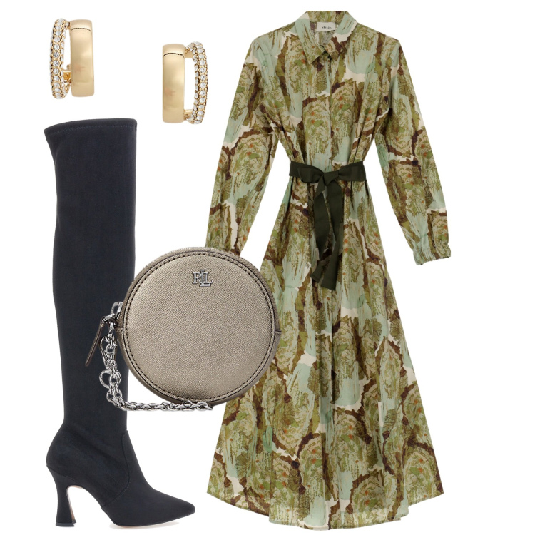 Outfit donna - City. Stile Trendy per Tutti i giorni. Abbinamento con vestiti midi/longuette, pochette, orecchini, stivali.